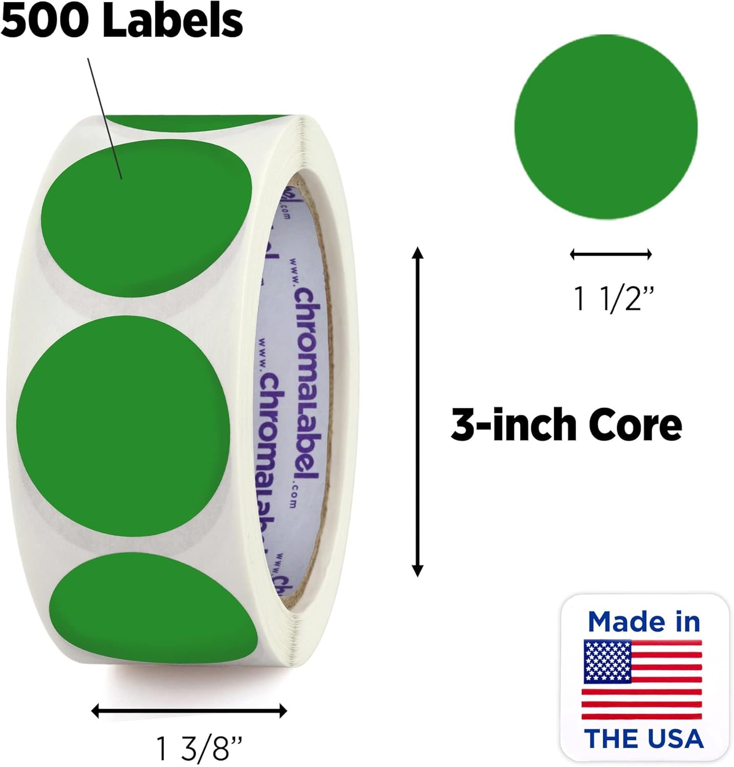 ChromaLabel 1.50 Inch Round Label Removable Color Code Dot Stickers, Inventory Labels, 500 Labels per Roll, Green (Pack of 2)