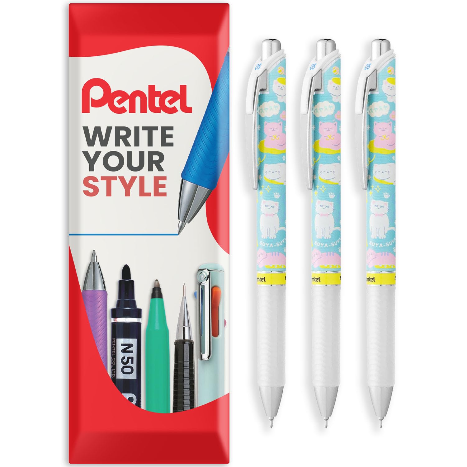 Pentel EnerGel Gel Ink Retractable Rollerball Pen - BLN75 0.5mm Nib - Kawaii Onomatopoeia Limited Edition Pens - Black Ink - in Envelope Gift Packaging (Suya-Suya Pack of 3)