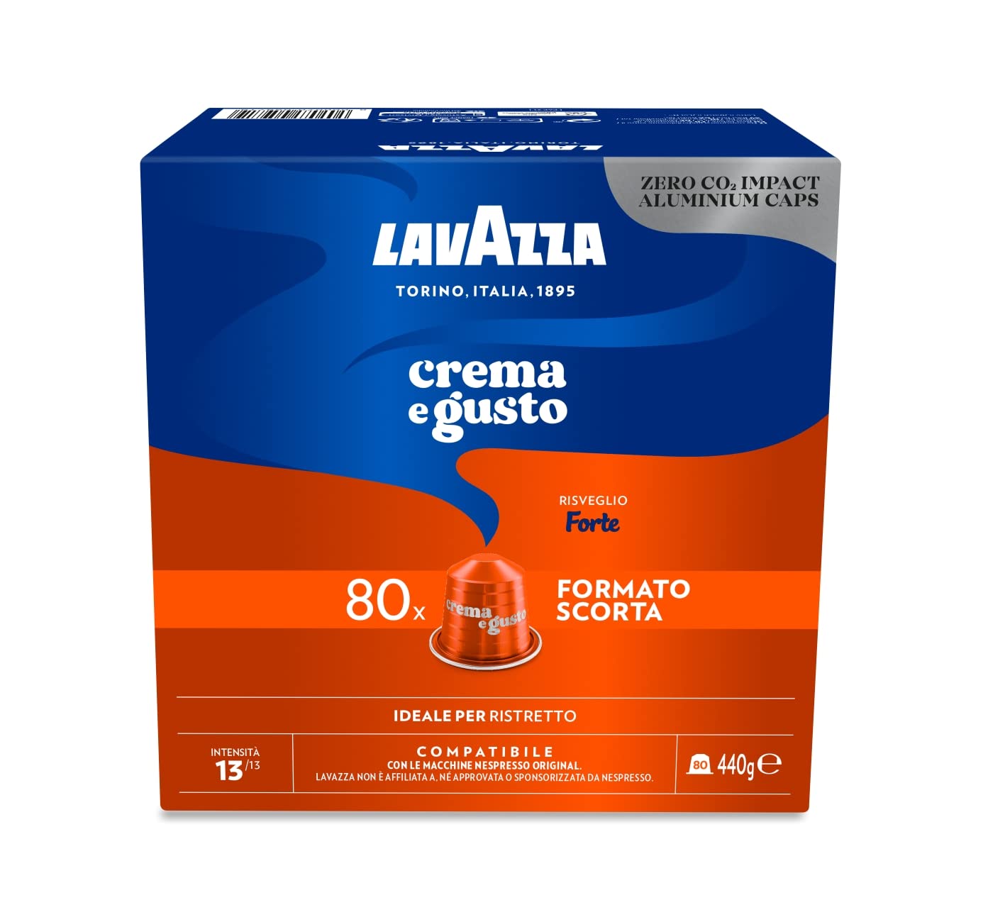 Lavazza Crema e Gusto Forte, 80 cápsulas de aluminio compatibles con máquinas originales Nespresso*, con notas de cacao y madera, arábica y robusta, intensidad 13/13, tostado oscuro