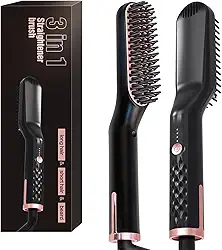 Escova Alisadora Térmica 3 em 1 Profissional - Chapinha Iônica para Cabelo e Barba com 3 Temperaturas (150°C-180°C-210°C), Cabo Giratório 360° e Presente Masculino (110-240V/Compatível Global)