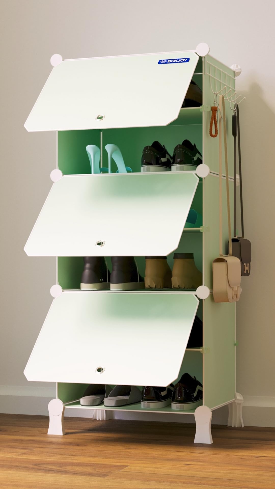 BOXJOY 6 Shelf Shoe Rack with 3 Doors, 5 Hook Steel Holder & Wooden Hammer