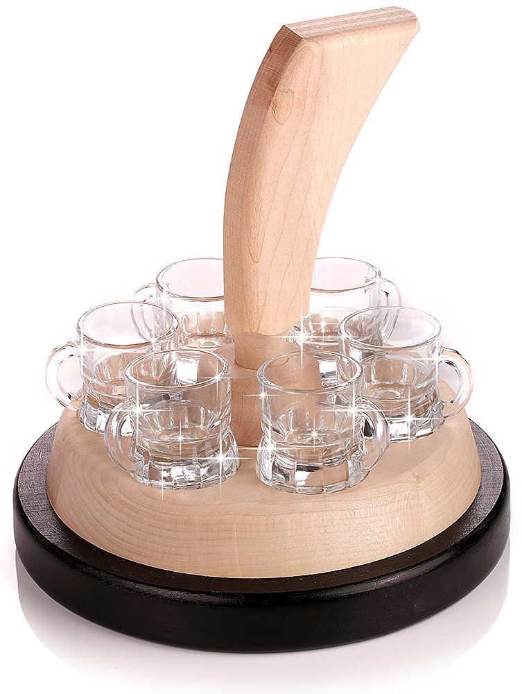 Schnapsgeschenk, Eisstock mit Gläser, Geschenkset mit 6 Gläsern, rustikales Holzdesign in Handarbeit Hergestellt – für Hüttenabende und Winterpartys, Gravurfähig nach Ihrne Wünschen