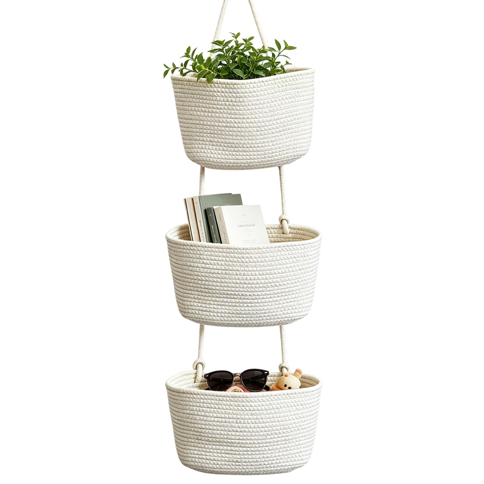 Wall Hanging Storage Baskets, 3-Tier Over the Door Hanging Basket Cotton Rope Woven Storage Basket with Hook Decorative Baskets for Livingroom Kitchen Bedroom (White)