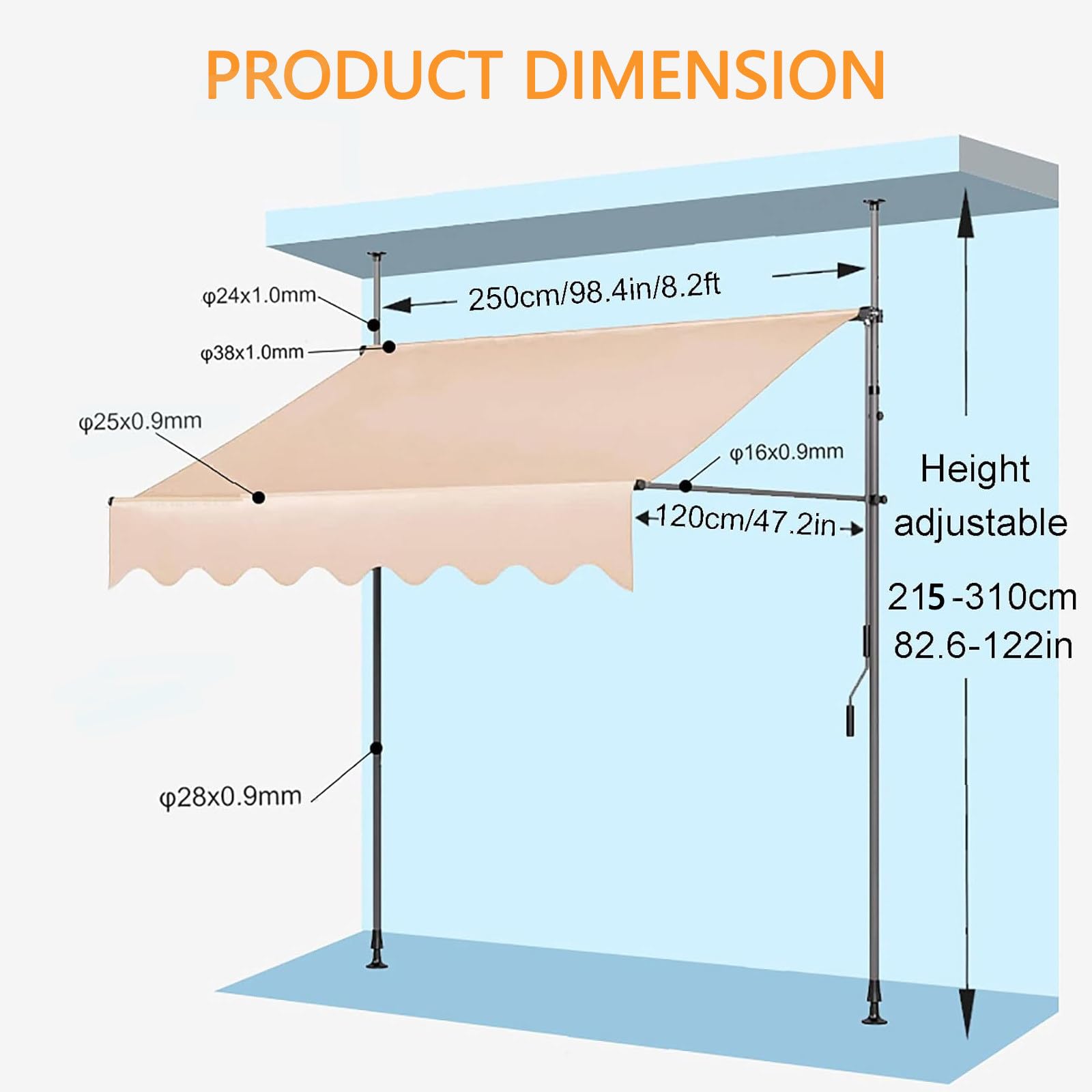 Tenda da Sole a Bracci Estensibili Pergolato da Giardino Copertura della tenTensole Manuale Retrattile per Terrazza o Balcone in Metallo e Poliestere,400cm