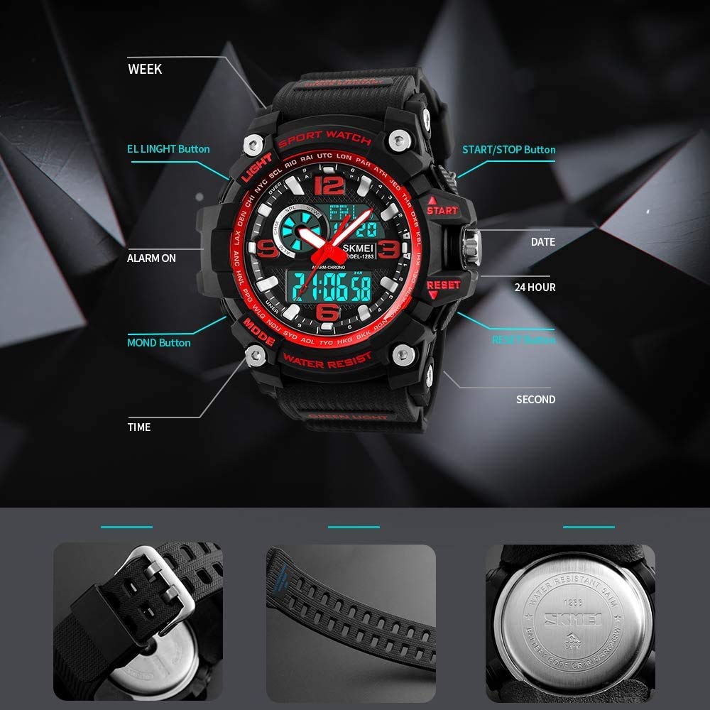 MASTOP Montre numérique pour homme - Étanche jusqu'à 50 m - Double cadran - Multifonctions - Analogique - Militaire - Sports de plein air - Étanche
