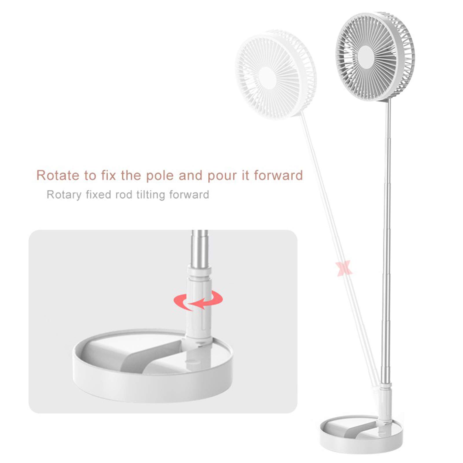 Ventilatore elettrico pieghevole telescopico, Ventilatore da tavolo USB portatile, con batteria ricaricabile da 3600 mAh, piedistallo regolabile 4 velocità silenzioso/ ​telecomando (Bianca)