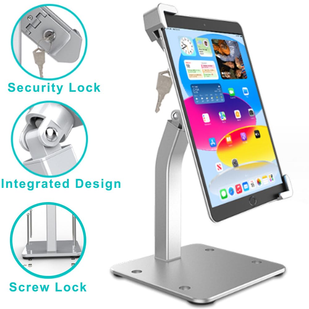 Soporte Tableta Mesa para 7-11" iPad, Aluminio Porta Quiosco Antirrobo de giratorio de 360° para tableta comercial POS con cerradura de Seguridad, para iPad 10th 9th 8th Gen iPad 10.9 10.2 9.7