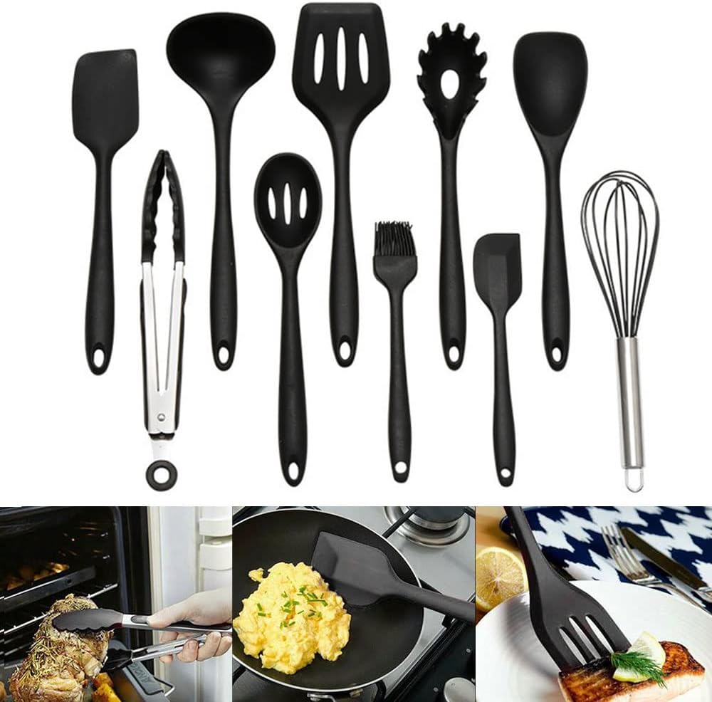 SEIWEI 10Pcs Kitchen Cooking Utensils Set Non-Stick Silicone Home Chef Tools Whisk Spatula Basting Tongs Pastry Brush Cooking Spoon Black