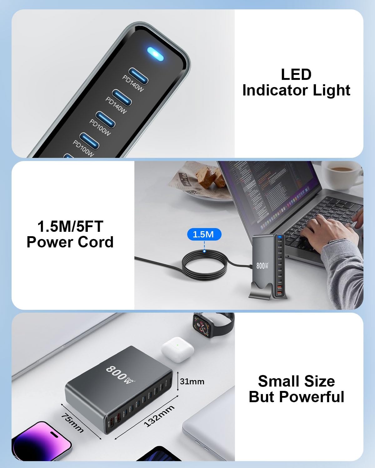 Caricatore USB multiplo da 800 W, 10 porte, con 7 USB C + 3 USB A, stazione di ricarica per più dispositivi compatibile con MacBook, iPad, serie iPhone 16/15/14, Galaxy S22/S20, Dell, HP