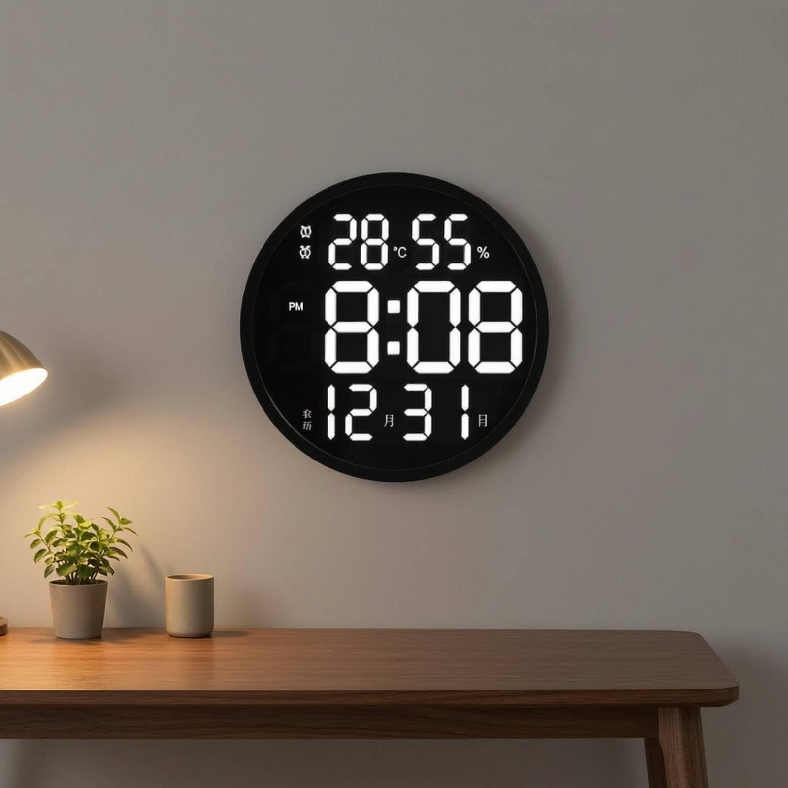 Orologio da Parete Elettronico Digitale Orologio Sveglia Termometro Igrometro con Display Ampio E Numeri Segmentati Cambio 12/24h Struttura Leggera in, Bianco, style to 2