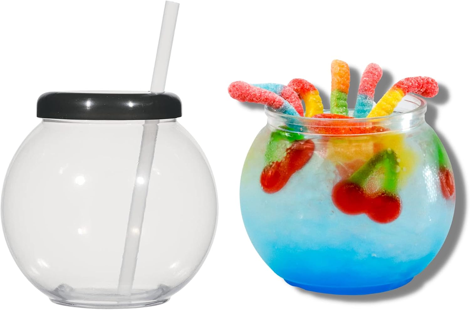 TIPSY UMBRELLA Clear Plastic Fish Bowls for Drinks with Lids and Straws - Fish Bowl Drink Cups (Large/Small) (2, 20oz)