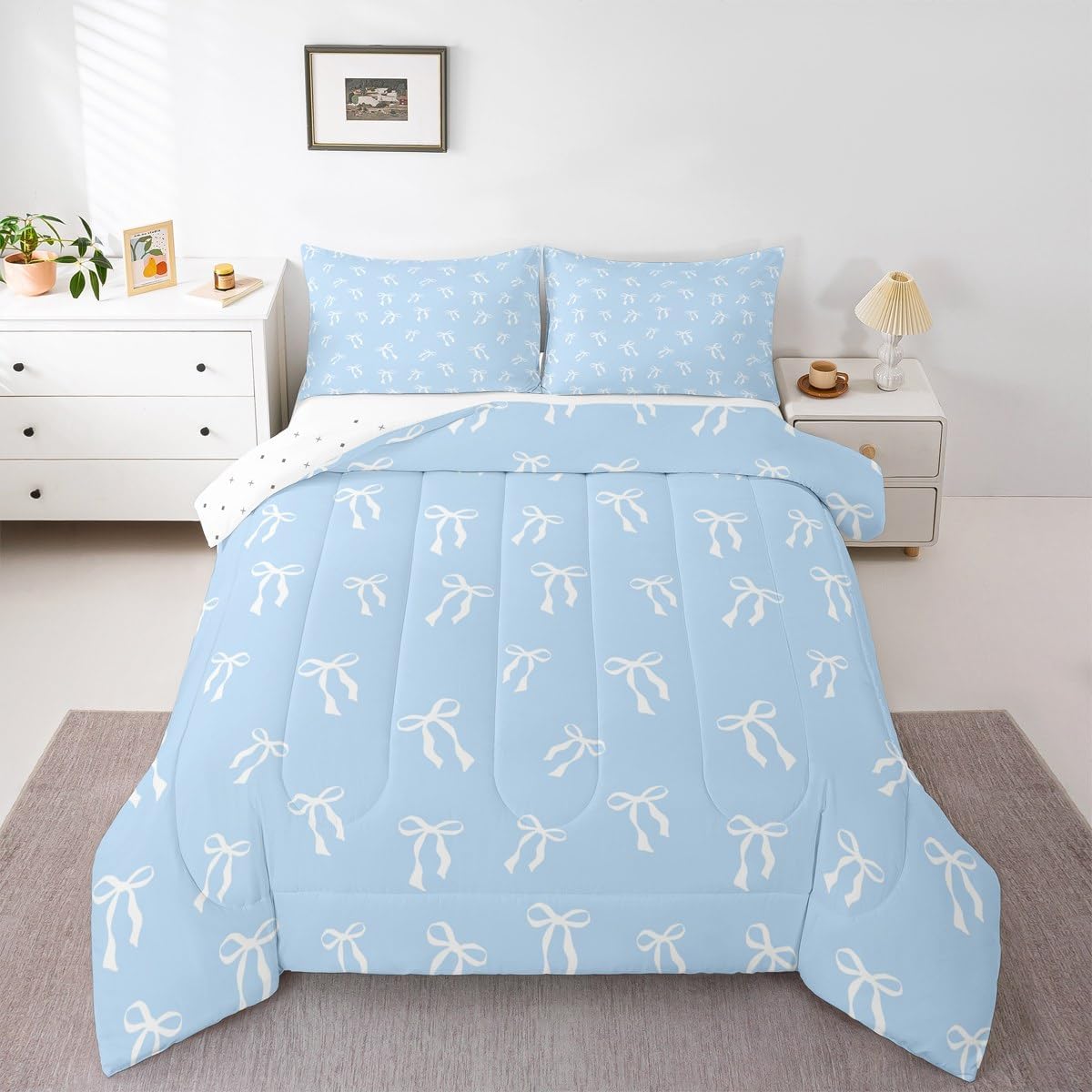Erosebridal Cute Ribbon Bowknot Bedding Set White Bows Comforter Set Full Blue Princess Bedding Comforter Sets for Kids Boys Girls Modern Simple Bow Knot Quilt Set Bedroom Decor - Image 6