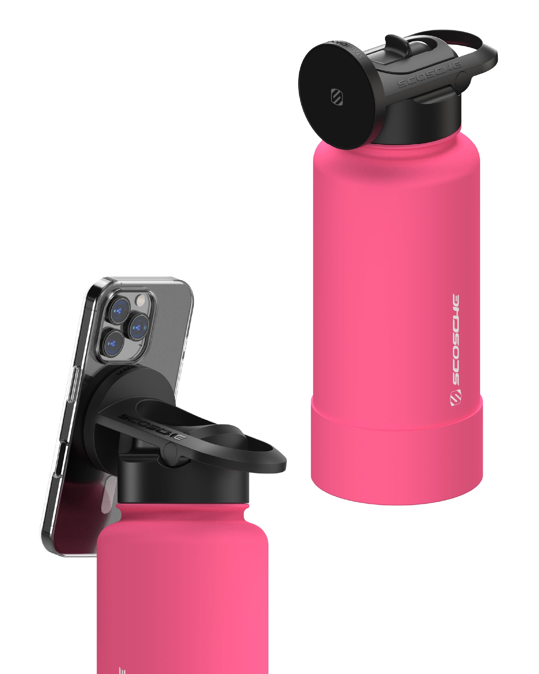 Scosche MFMS32 MagicMount Flask 32 oz Stainless Steel Water Bottle with MagSafe Phone Mount Stand, 12H Hot & 24H Cold, Insulated Flask with Magnetic Phone Holder for Gym, Travel, Sports, 32oz, Pink