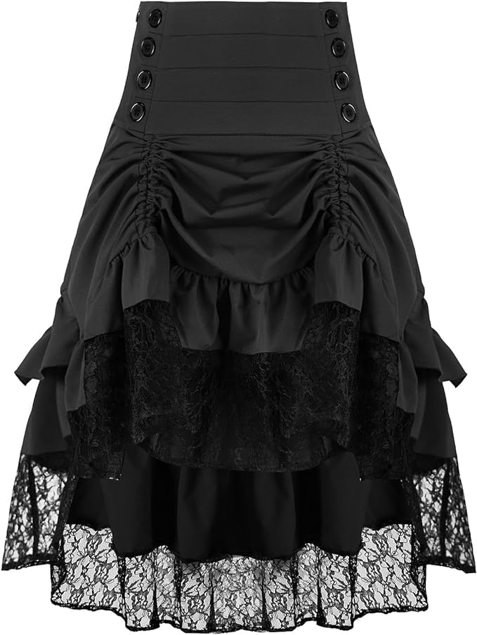 itsjake Women's Steampunk Skirt Retro Gothic Pleated Asymmetric High Low Lace Ruffle Skirt