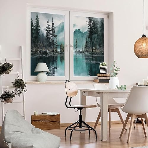 Miniatura 5 de Película de privacidad para ventana de paisaje, vista al lago, pino, nieve, montaña, naturaleza, vitrales, sin pegamento, película estática para
