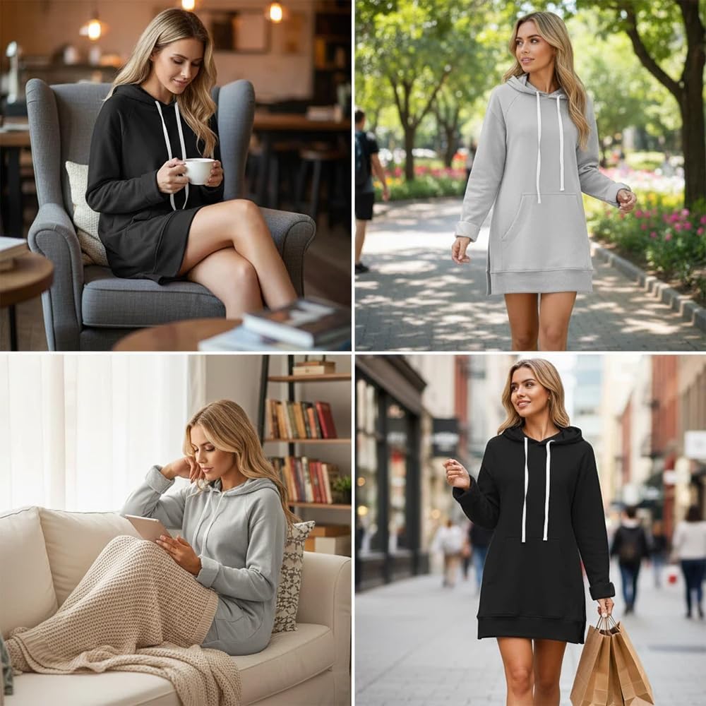 Oversized Hoodie Dress for Women Long Sleeve Pullover Split Hem Hooded Sweatshirt with Pocket Casual Fall Winter Outfit