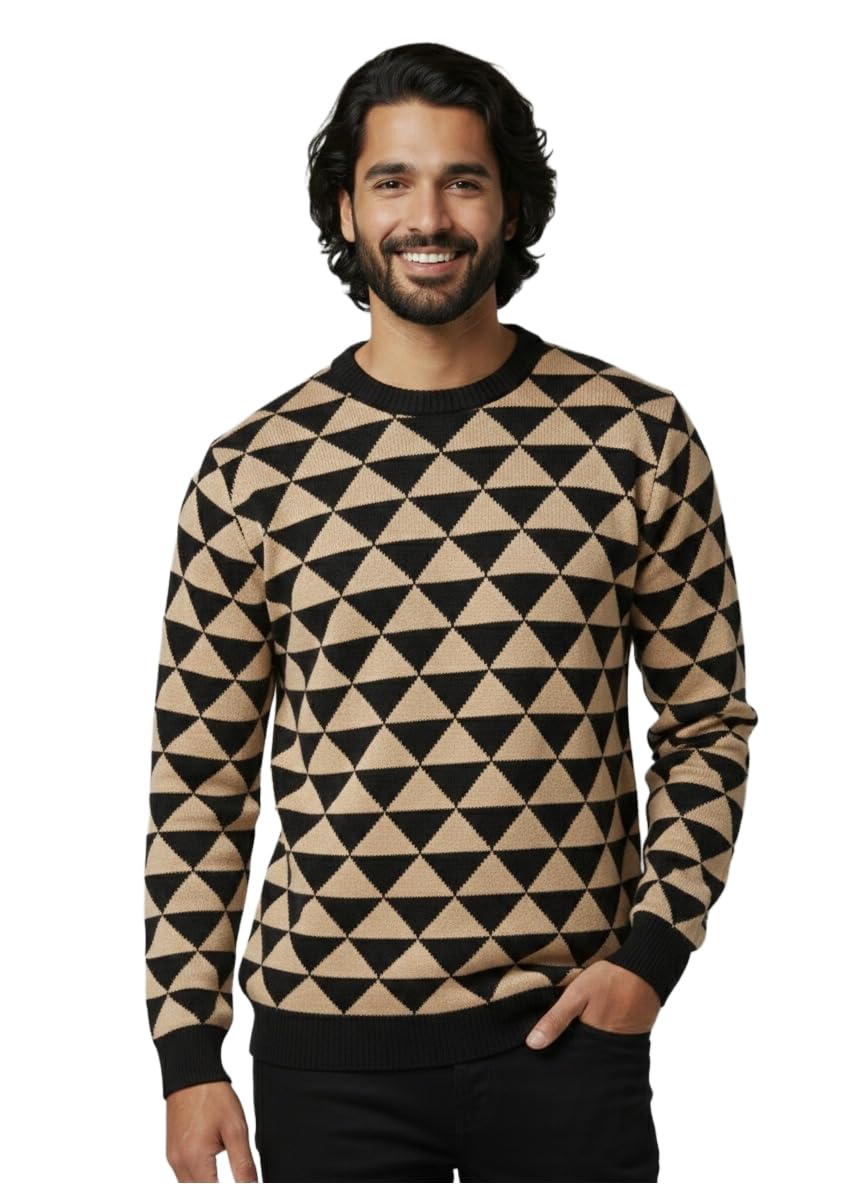 Men's Knit T-Shirt, Black and Beige, Cotton Long Sleeve, Crew Neck Pullover-picture-17