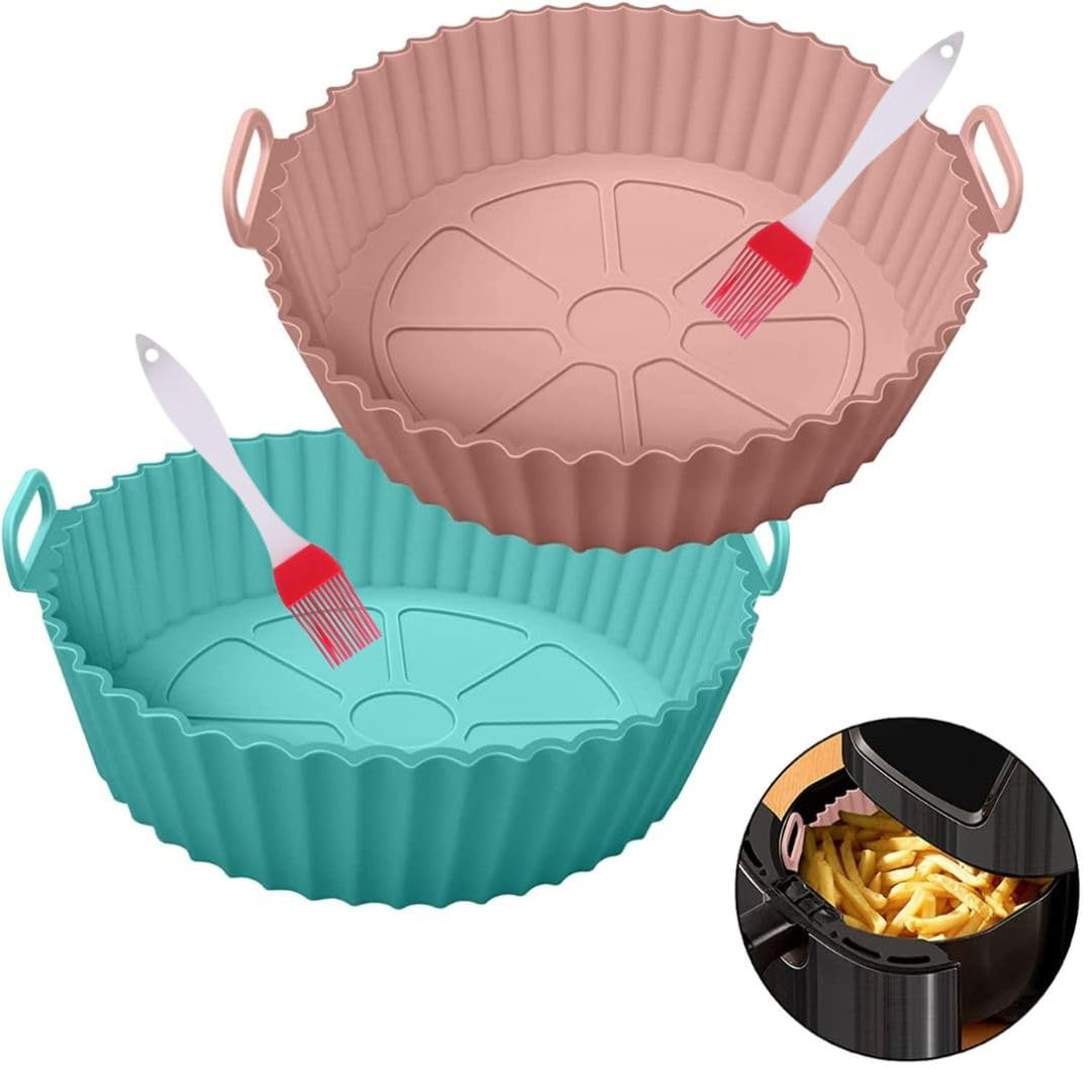 COOLCOLD Air Fryer Liner | 2pc Round Silicone Basket Baking Tray I Pot with Ear Handles 8in Bottom (Fit - 4.2QT) Nonstick Reusable Heat Resistant I Cooking Oven Insert Accessories(Pink+Blue)-image-8