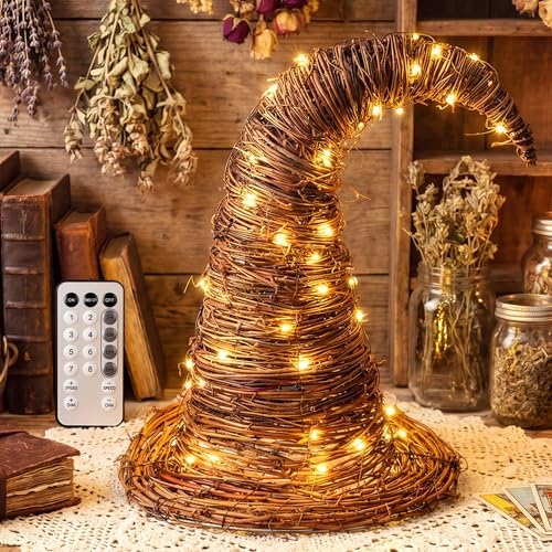 Sintuff Lighted Rattan Witch Hat Decor with Remote Control Rustic...