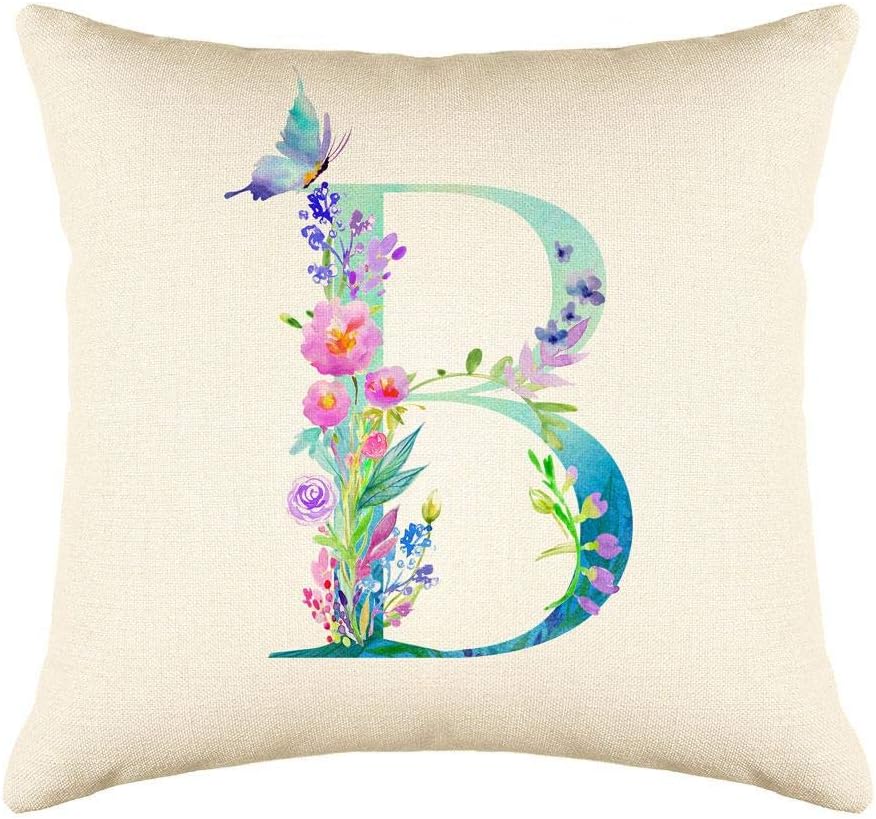 Di Lewis Throw Pillow Cushion Cover - 20x20 - Floral Watercolor Monogram Letter U - Woven Cotton Blend - for Couch Bed Sofa Pillows - Linen Cream…