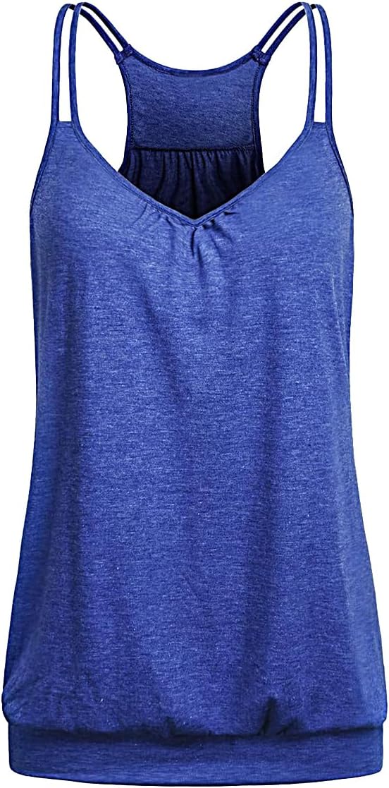 V Neck Tops for Women Racerback Loose fit Tank Tops Double Spaghetti Strap Athletic Yoga Camisole with Baned Bottom