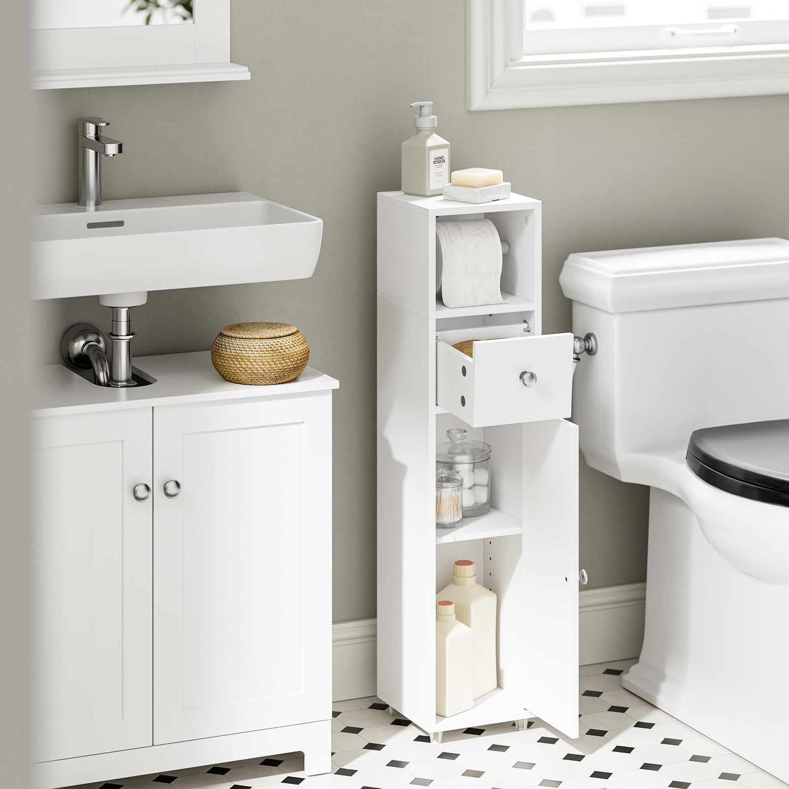 SoBuy Mobile Bagno Salvaspazio 20cm con Porta Carta Igienica per WC | Mobiletto Bagno Stretto e Cassetto Armadietto Bianco a Terra per Piccoli Spazi Cassettiera Sottile BZR219-W