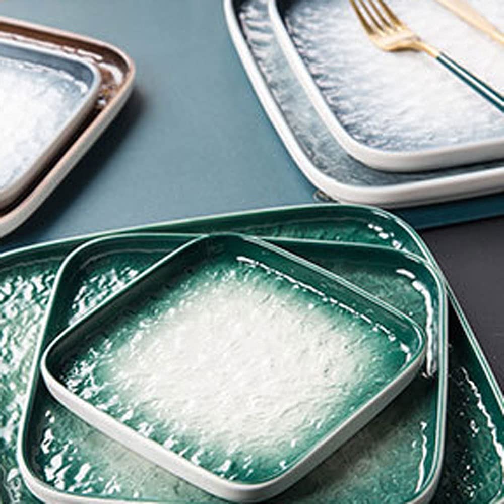 Lot de 2 assiettes plates carrées en céramique pour la maison et le restaurant Bleu et vert