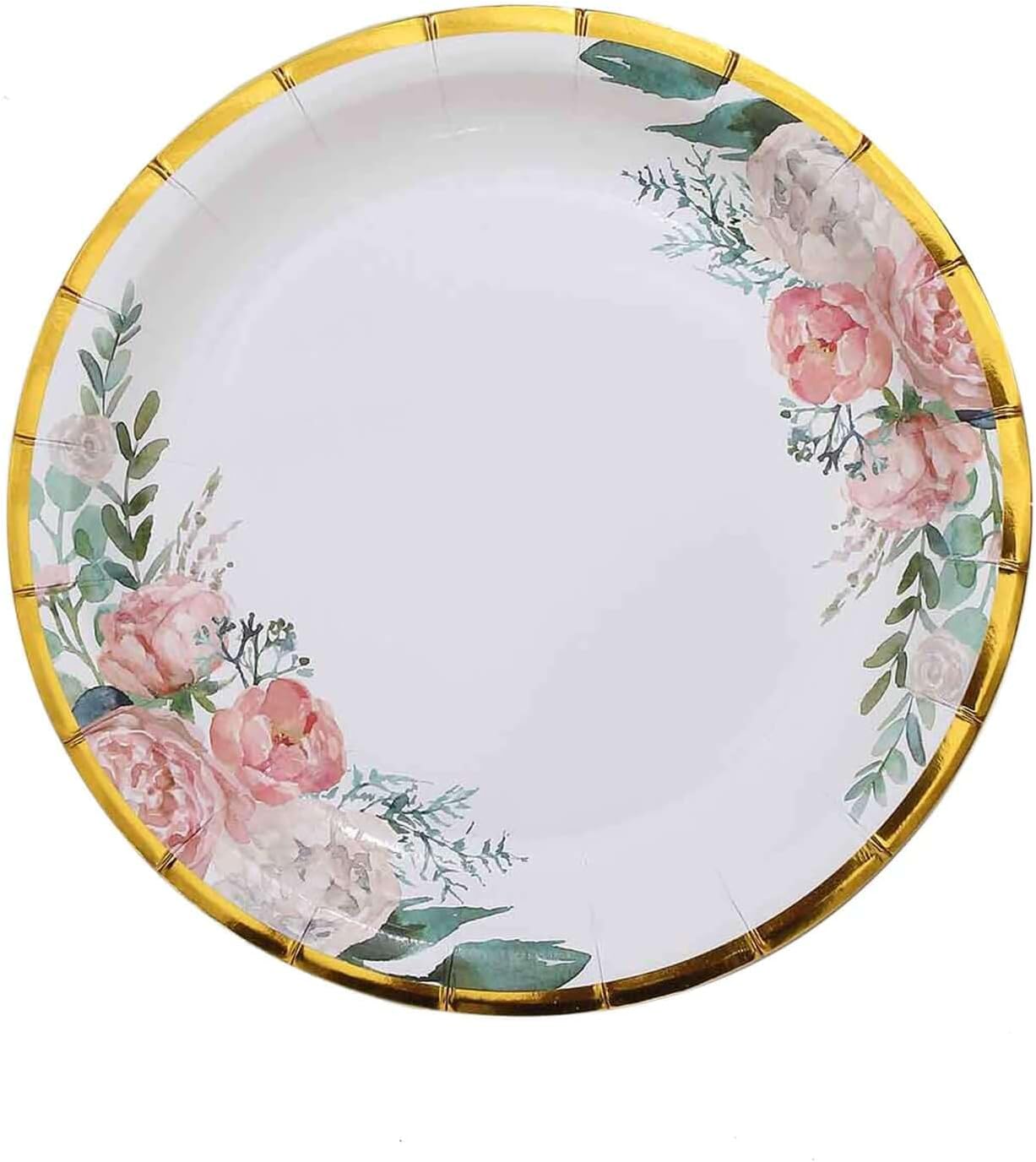 Efavormart 25-Pack 7" White Elegant Floral Gold Rim Paper Plates; Premium Disposable Appetizer and Dessert Plates for Boutique Weddings and Romantic Celebrations
