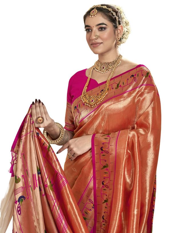 SIRIL Women’s Tissue Silk Saree | Sari for Women | Paithani Soft Silk Sarees With Unstitched Blouse Piece