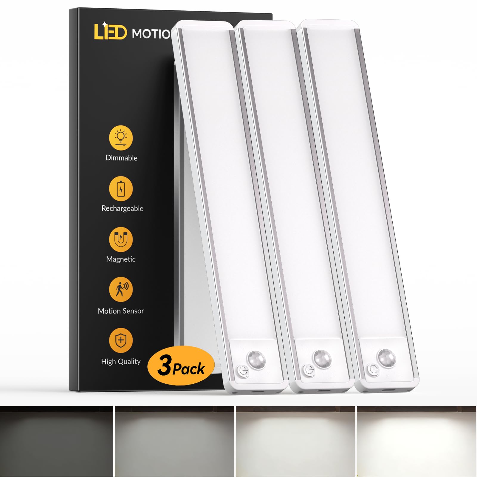 3 Pack Motion Sensor Lights Indoor - Kitchen Lights Under Cabinet Led, 1800mAh Rechargeable Lights, Dimmable & Magnetic Wireless Under-Counter Lighting for Cupboard|Shelf|Wardrobe|Stairs, 25CM