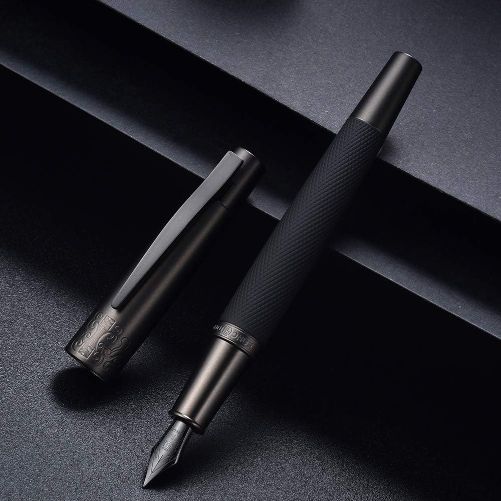Pure Black Solid Metal Fountain Pen Fine Nib, Senior