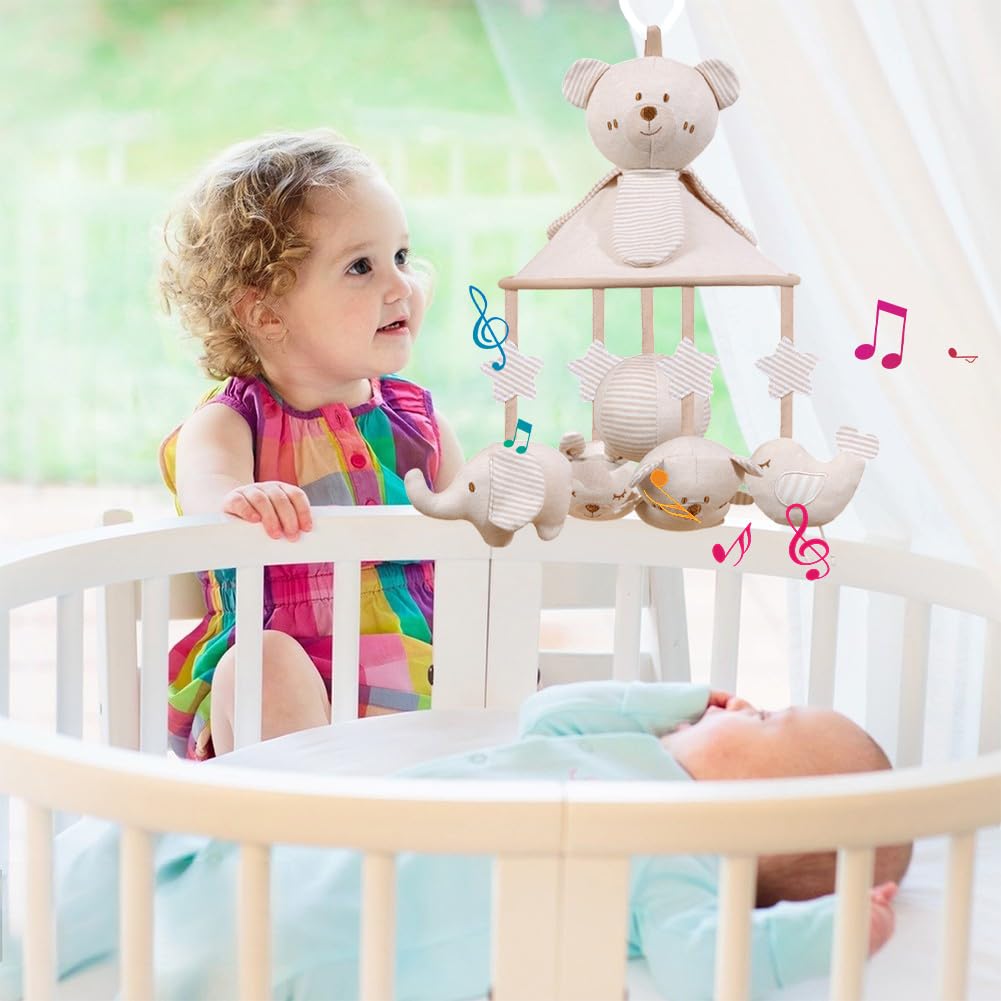 Mobile Musical Lit Bébé, Mobile De Berceau D’animal, Mignon Ours en Peluche Cloche De Lit avec Musique, Berceau Bébé Jouet pour Garçons et Filles de 0 3 6 9 12 Mois, Décoration pour Chambre de Bébé