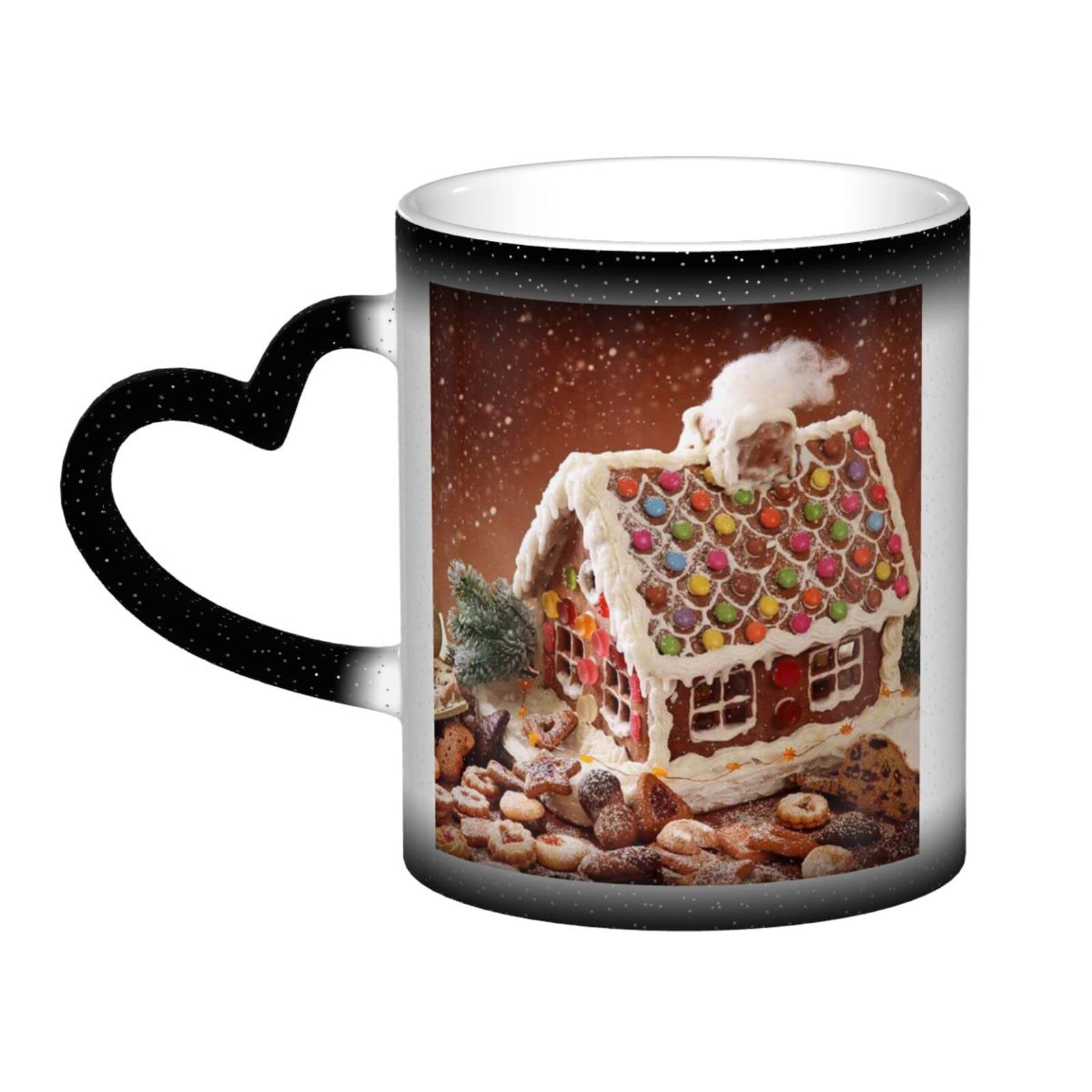 Aseelo Color Changing Mug Christmas Gingerbread Like Village House Ceramic Coffee Cup with Heart-Shaped Handle for Home Office Women Men Gift - 12 Oz