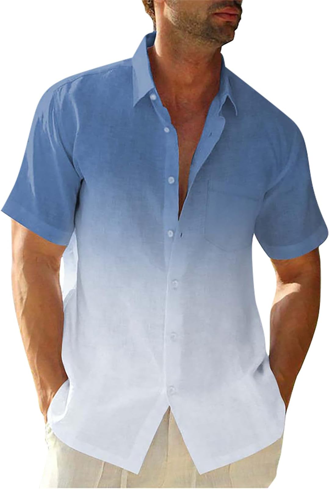 Mens Shirts Short Sleeve Blouses Button Down Tops Business Gradient Aloha Shirts Summer V Neck Blouse with Pocket