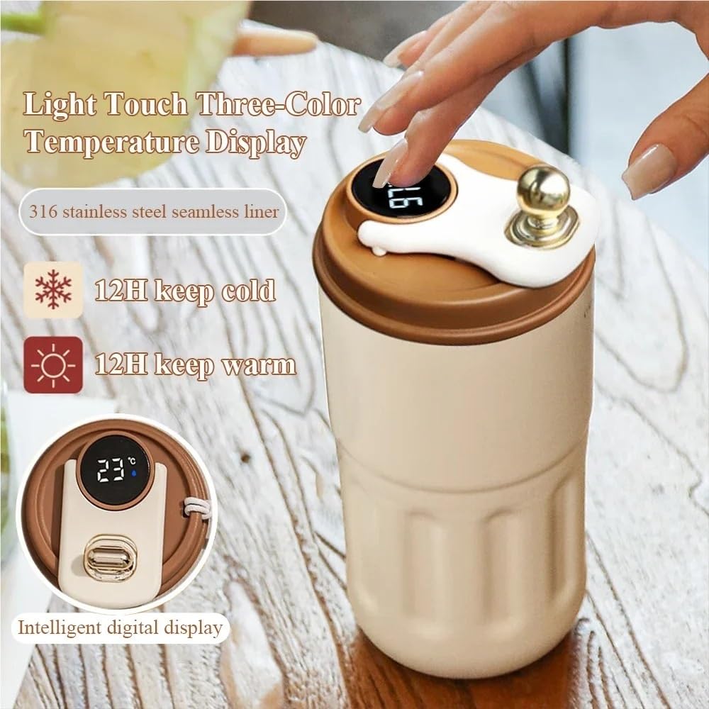 Taza de café con pantalla de temperatura de 420 ml, termo inteligente, taza de café de viaje de acero inoxidable 316, taza térmica a prueba de fugas (plata)