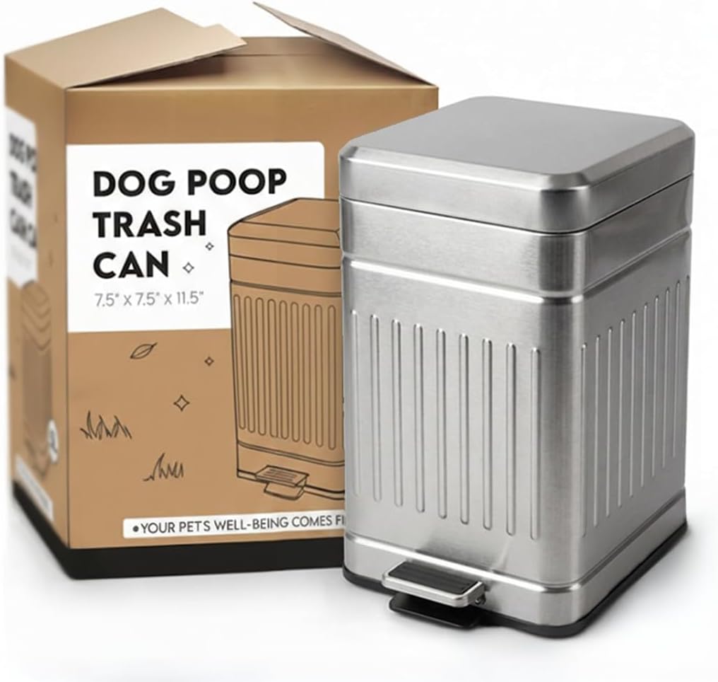Small Dog Poop Trash Can Outside, 1.3 Gal Stainless Steel Dog Waste Trash Can, Waterproof Small Poop Bucket Outdoor with Lid, Poop Pail for Dogs, Dog Poop Bin Outdoor with Odor Control (Steel)