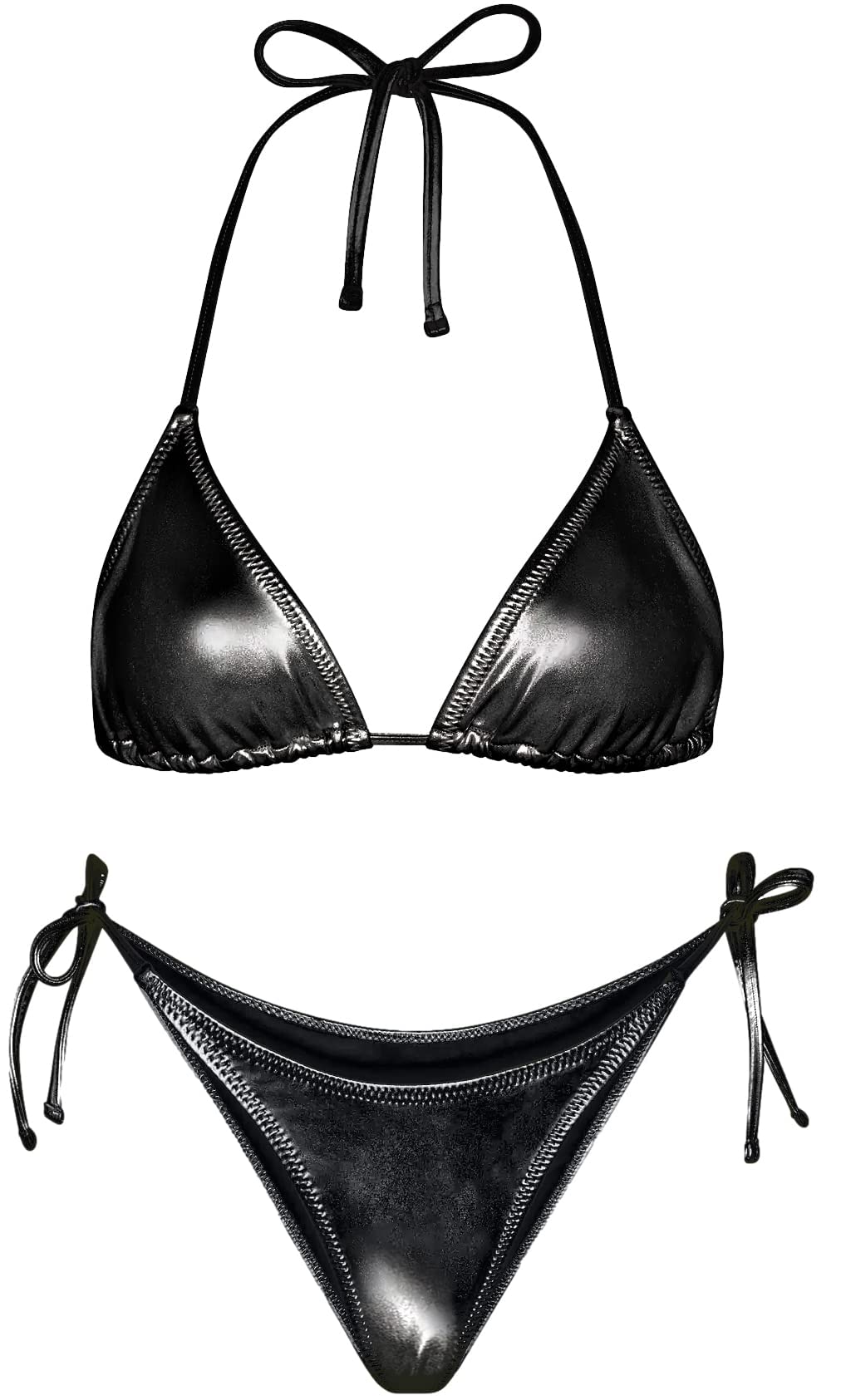 Ella LustMetallic Bikini for Women - Silver Bathing Suit High Waisted Tie Side Thong Bottom Triangle Top Shiny Swimsuit