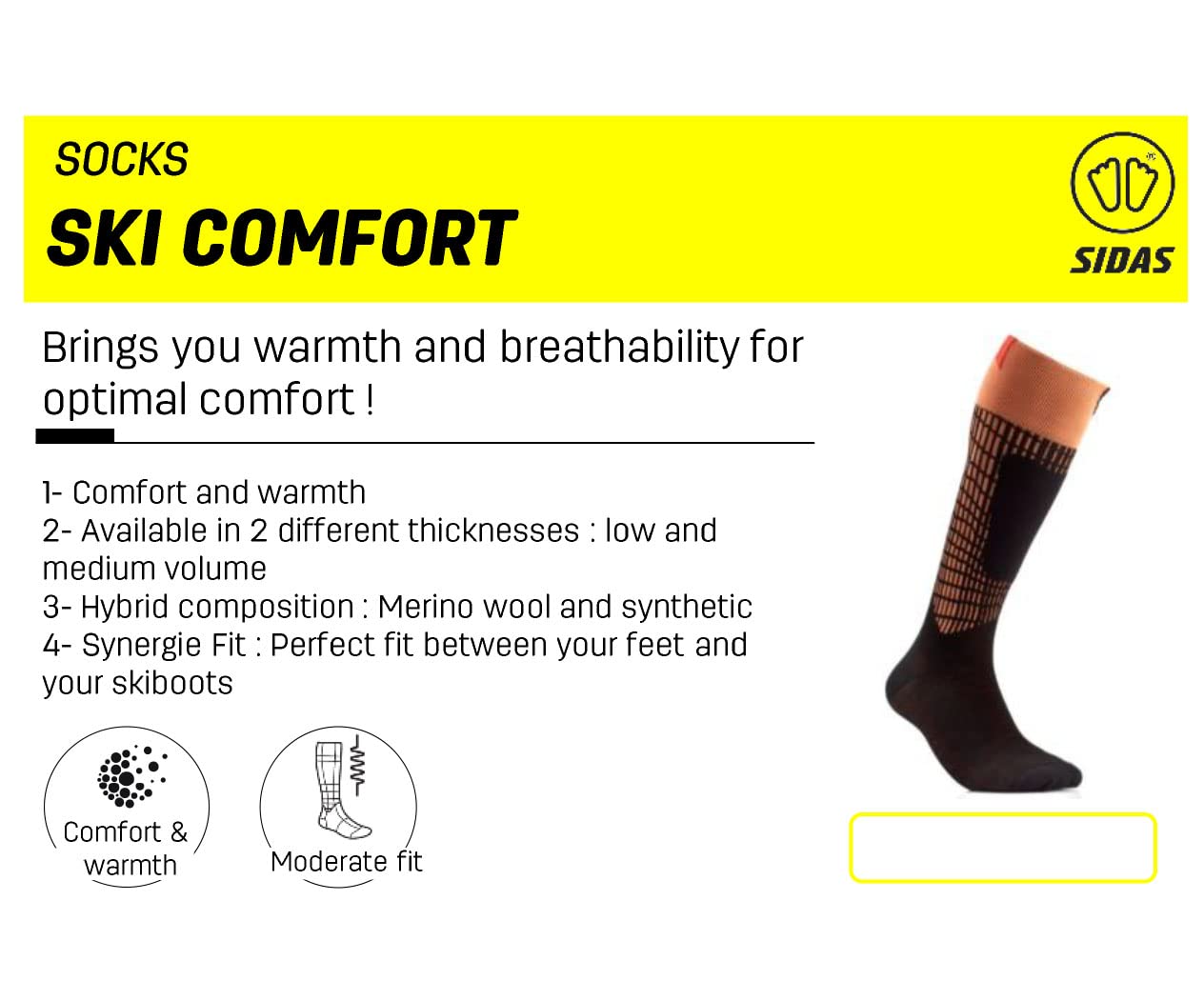 Sidas Chaussettes De Ski Mi-hautes En Laine Mérinos Pour L'automne Et L'hiver
