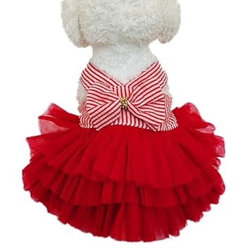Sweet Puppy Dog Princess Dress-QingLuo Pink Purple Bow Lace Tutu Skirt Doggie Dress for Dog Cat (Small, Striped Red)