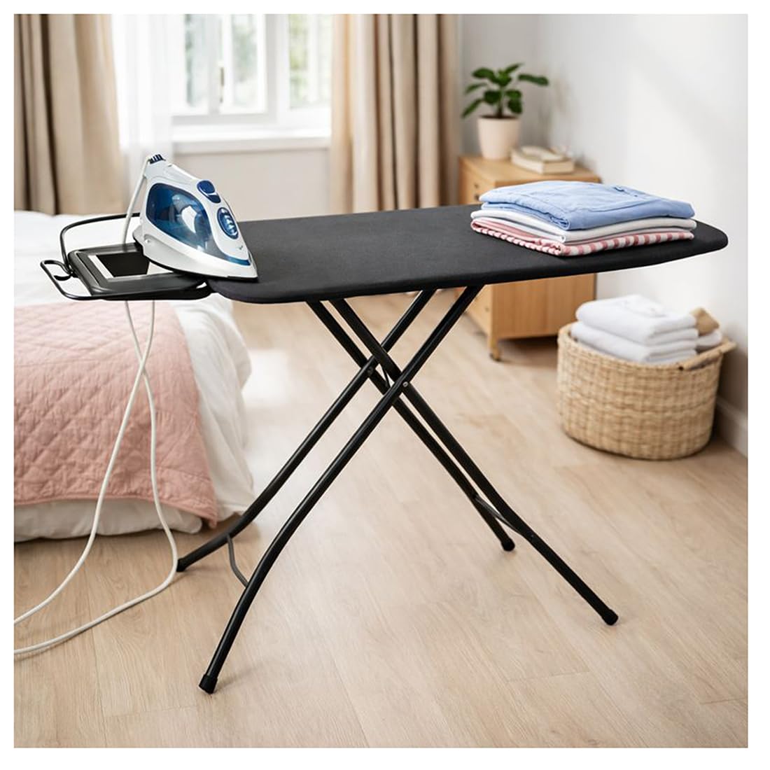 Acomoda Textil - Tabla de Planchar Grande con Centro de Planchado Reforzado y Altura Regulable 4 Posiciones 78 a 92 Cm. Estructura Metalica Estable de Superficie Amplia 143x40 cm Plegable.