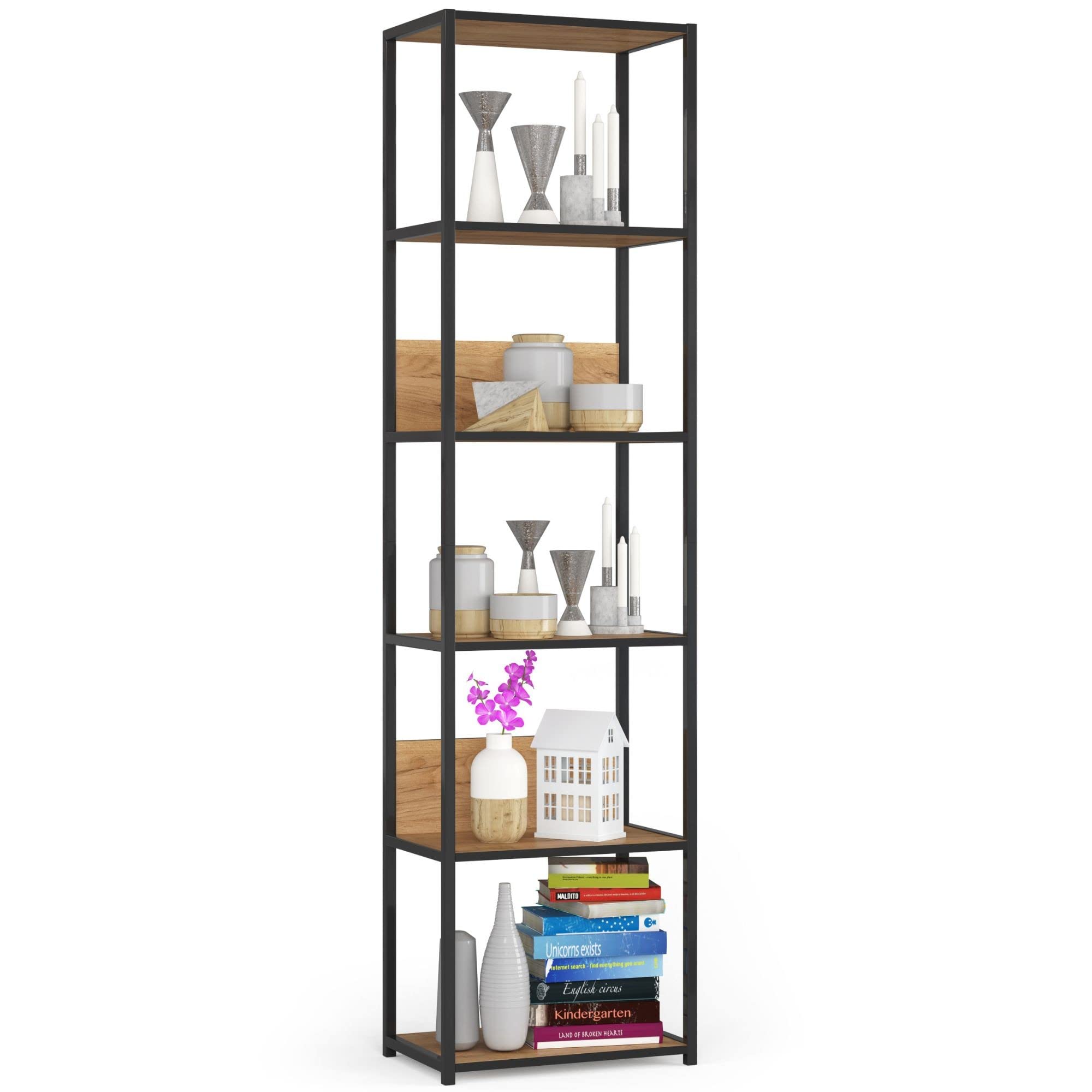 Akord Bücherregal | Bücherregal 6 Ablagen | Industrial/Loft-Style, 50 cm breit, Holz/Metall, Schwarz/Craft-Eiche
