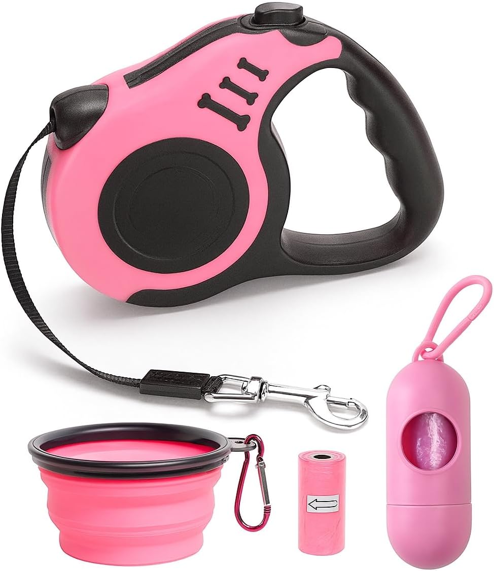4-in-1 Retractable Dog Leash Set Includes Waste Bag Dispenser, Refill Bags & Collapsible Water Bowl Heavy Duty Nylon Leash with One-Hand Lock, Anti-Slip Grip for Small to Medium Pets (Pink)