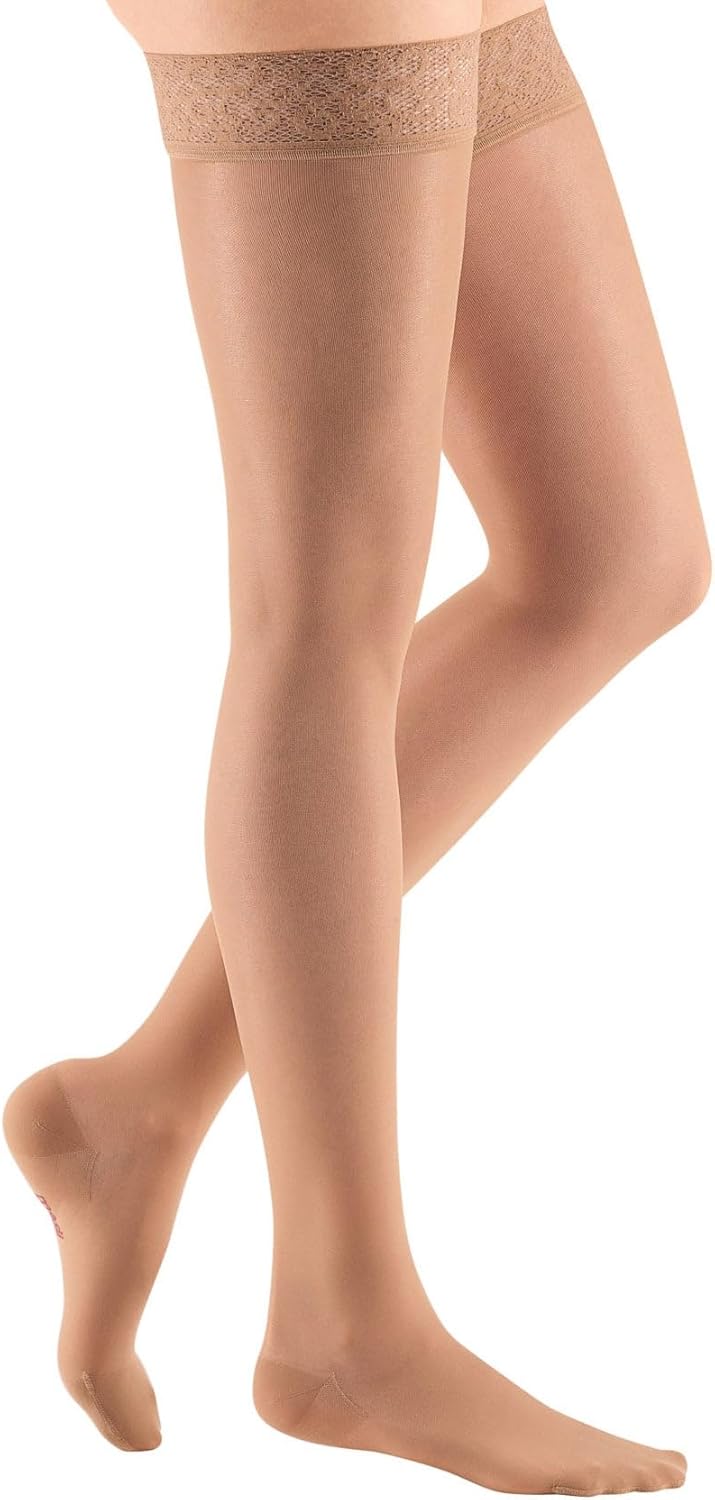 Mediven Sheer & Soft for Women 20–30 mmHg Thigh High Compression Stockings – Closed Toe Sheer Support Hosiery with a Lace Top Band for Secure Fit, Leg Circulation, All-Day Wear & Everyday Comfort, V, Petite, Natural