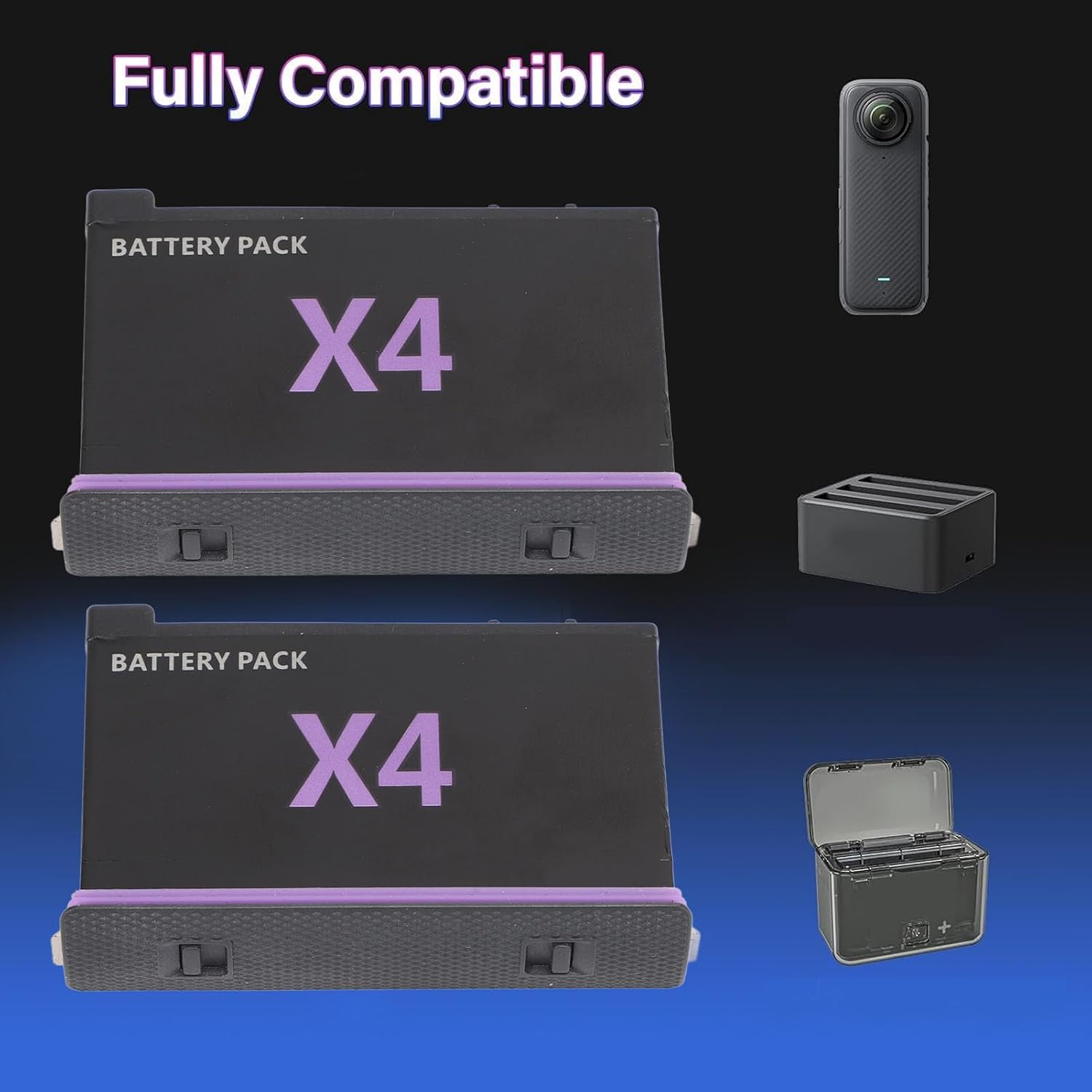 Fast Battery Charger Hub for X4 with 2 * 2500mAh Batteries, 2 Channel Battery Storage Station Quick Portable with Storage Card Slot
