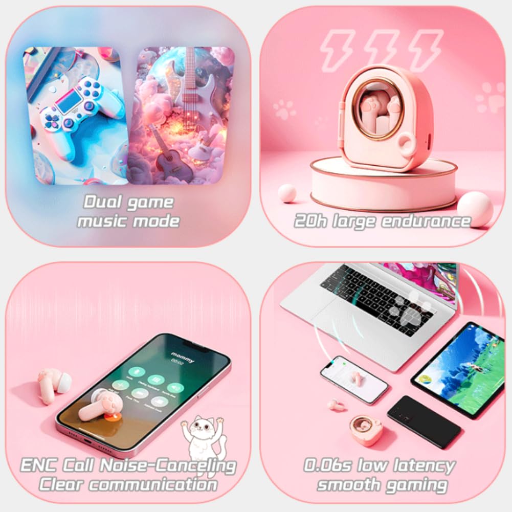 Topiky Auricolari Wireless Carini CATTO CATTO BLUETOOTH 5.4 Auricolari, Cuffie con Microfono e Custodia di Ricarica 300 MAh, Auricolari Auricolari per Ragazze e Aule Scolastiche