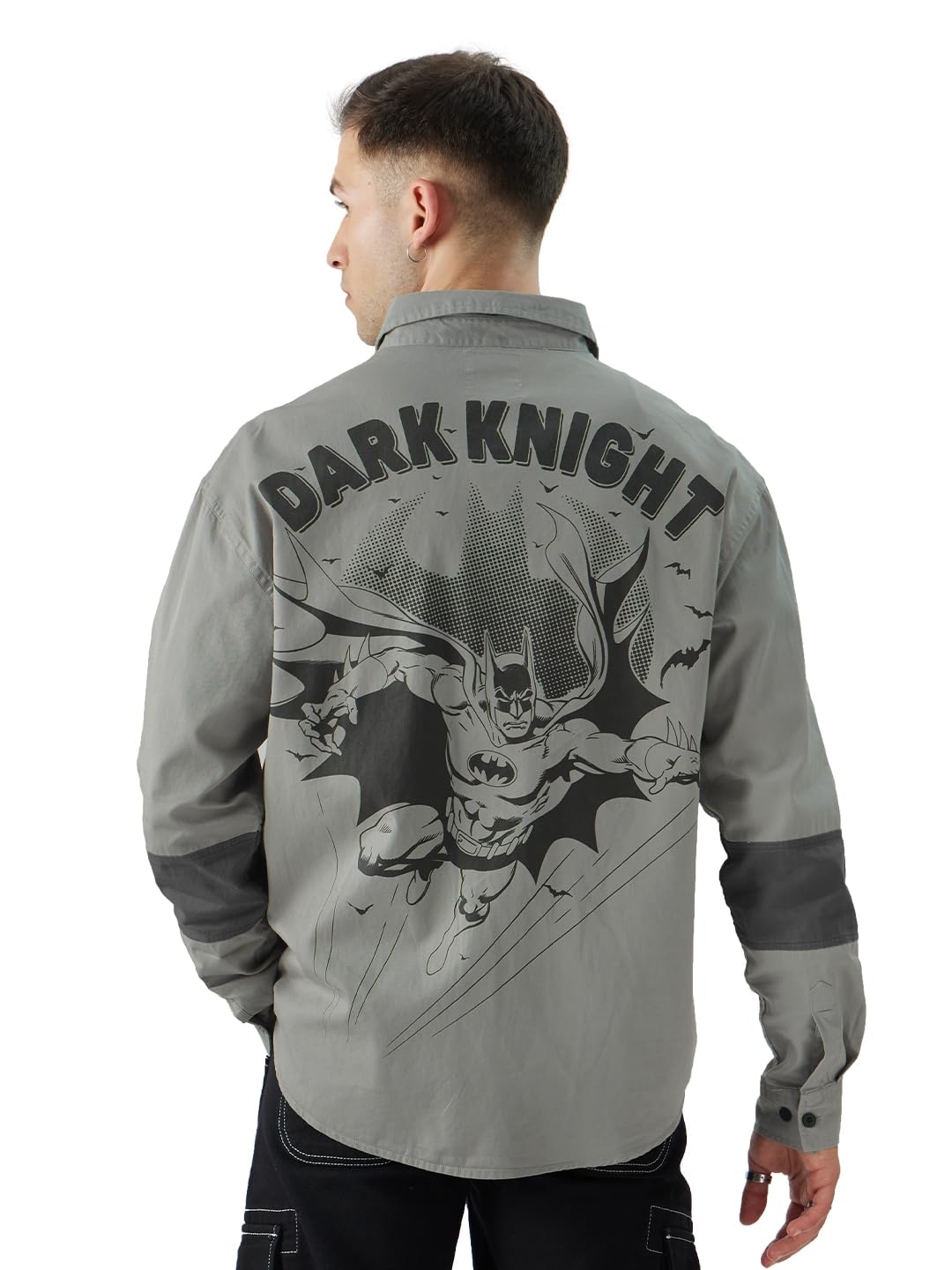 The Souled Store Official Batman: Dark Knight Returns Men and Boys Long Sleeve Collared Neck Button Front Grey Garphic Print Oversized Fit Cotton Utility Shirts The Dark Knight Movie DC Comics