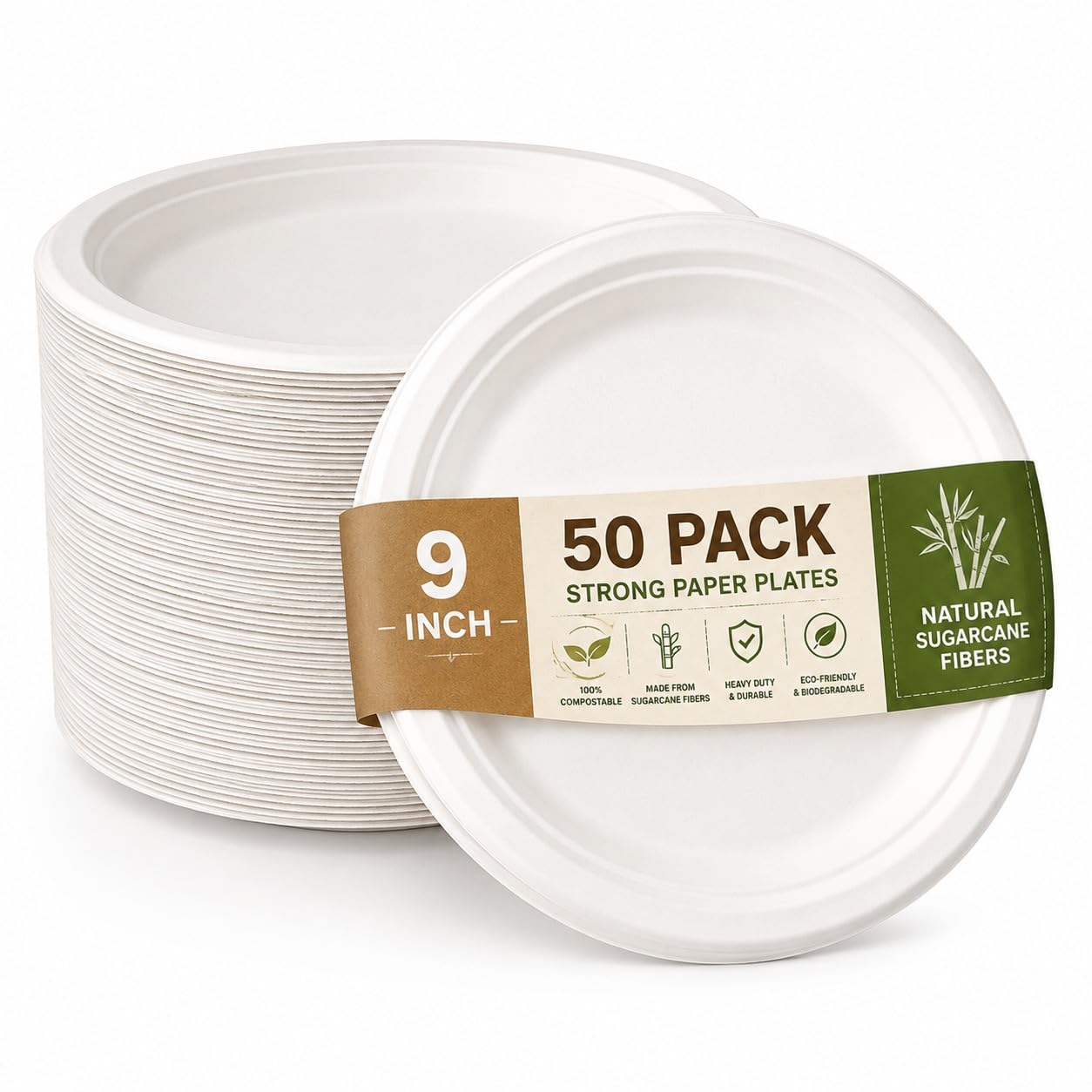 VylEco Strong Paper Plates 9 Inch - 100% Compostable Heavy-Duty Eco-Friendly Disposable Bagasse Plates, Made of Natural Sugarcane Fibers – Biodegradable Paper Plate (9 Inch - 50 Plates)
