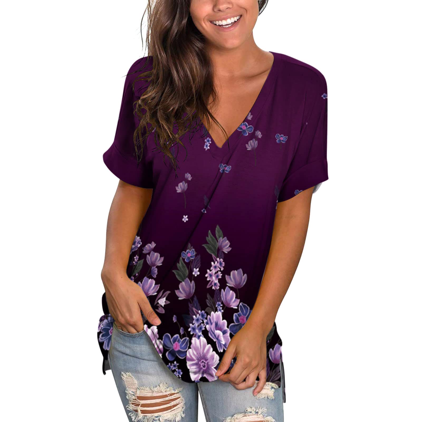 Women’s Short Sleeve Plus Size Tee Shirt V Neck Workout Basic Print Summer Holiday Beach Tshirt Casual Blouse