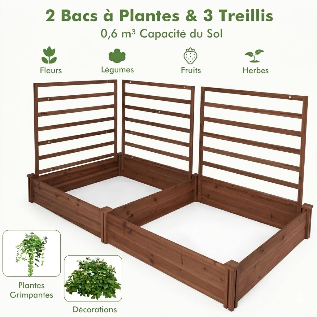GOPLUS Huerto Urbano de Jardín Elevado con 3 Enrejados, Jardineras de Madera para Exteriores con Compartimentos Divididos para Flores, Verduras, Frutas, Fácil Montaje, 222 X 114 X 110 Cm (Marrón)