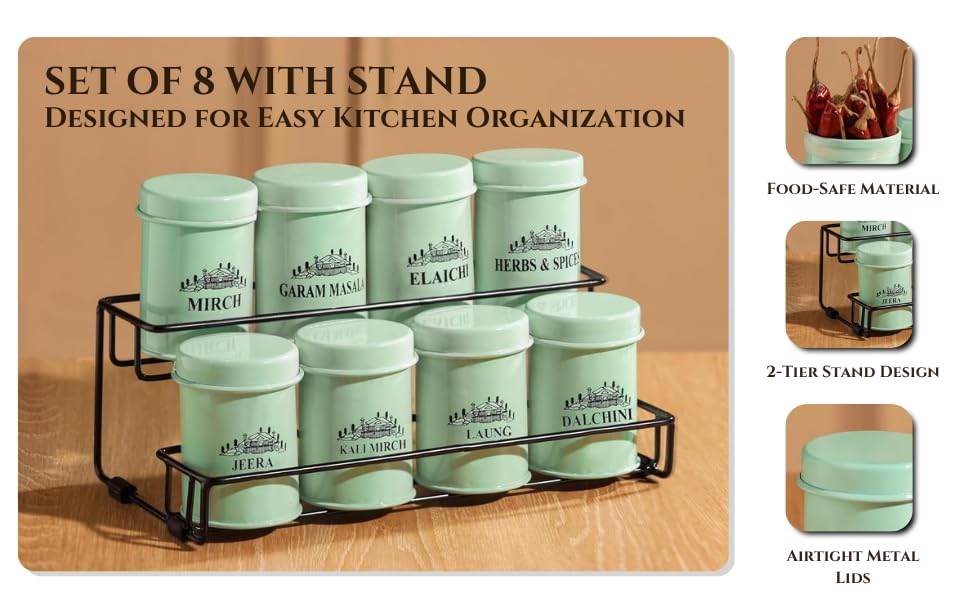 Image of Metallure Home Round Classic Airtight Spice Jars Set of 8 with 2-Tier Stand | Metal Jars for Daily Use (250ml Capacity of each container) | Masala Dabba, Spice Rack for Kitchen (Light Green)